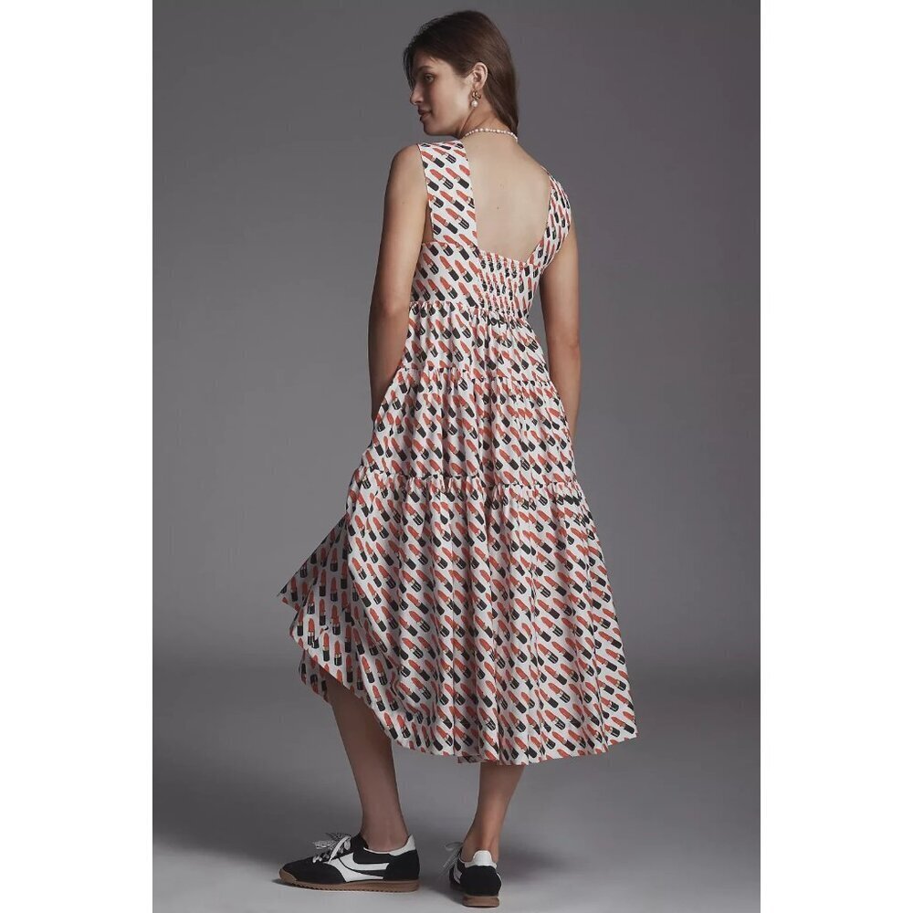 By Anthropologie Square-Neck Tiered Babydoll Dress Lipstick Print XL - Picture 2 of 4